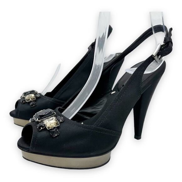 BCBGMaxAzria Black Satin Jeweled‎ Sandals w/Mirrored Platform Cone Heel Sz 8 38 - Picture 1 of 15